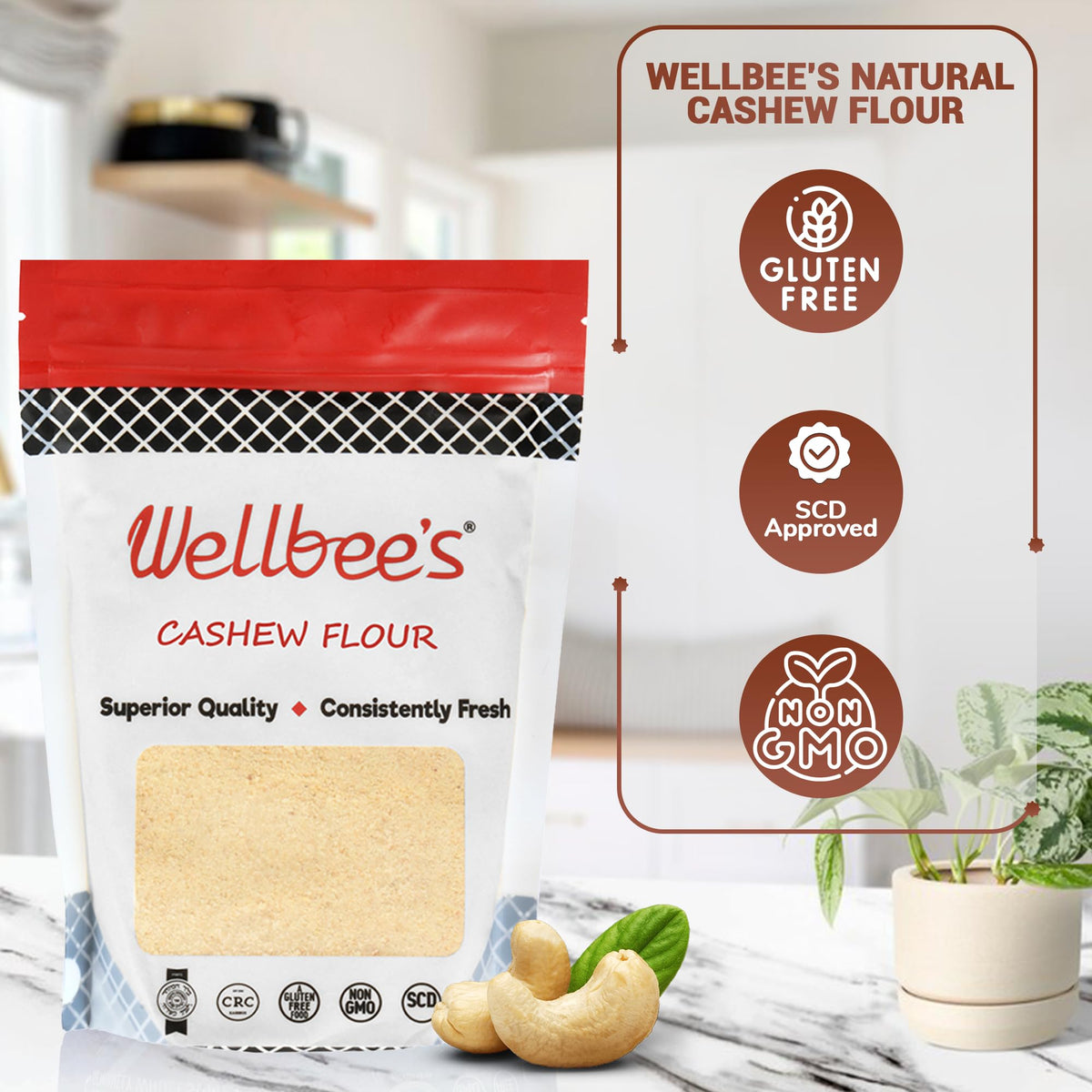 Wellbee's Cashew Flour jar on kitchen counter for easy prep.
