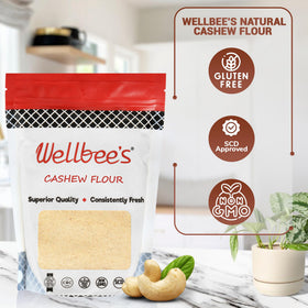 Wellbee's Cashew Flour jar on kitchen counter for easy prep.