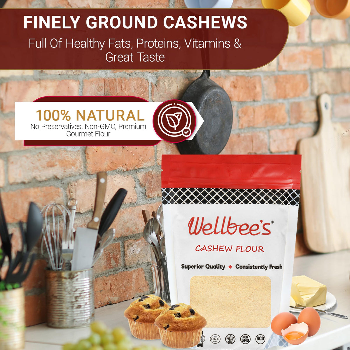 Wellbee's Cashew Flour enhances gluten-free desserts with rich flavor.