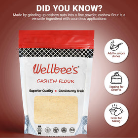 Close-up of Wellbee's Cashew Flour highlighting protein and smooth texture.