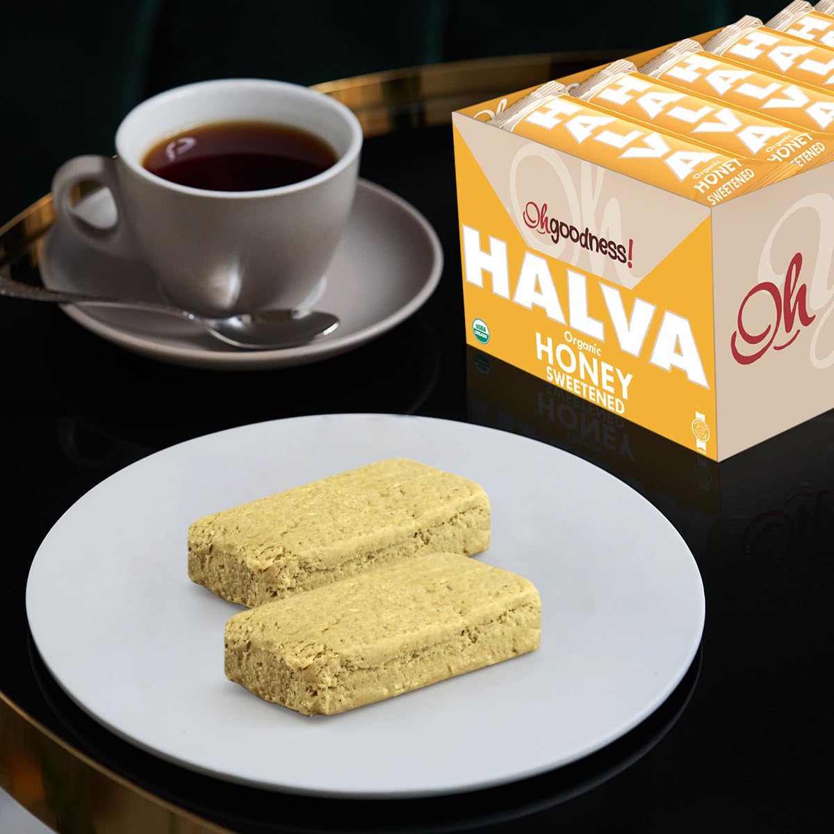Wellbee's OhGoodness Halva Bars note traces of peanuts or tree nuts for allergy awareness.