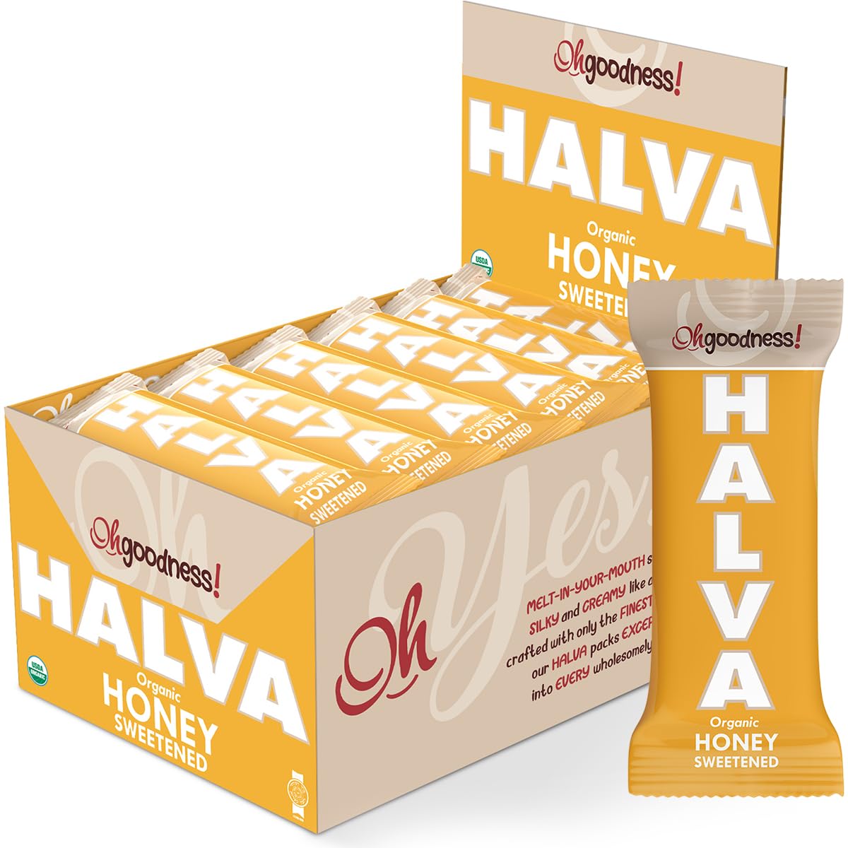 Wellbee's OhGoodness Halva Bars packaging shows a 16-pack of organic sesame bars.