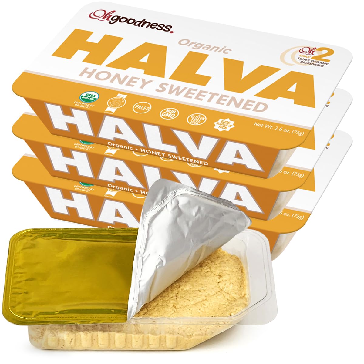Wellbee's OhGoodness! Honey Halva 3-pack packaging, convenient on-the-go snack.