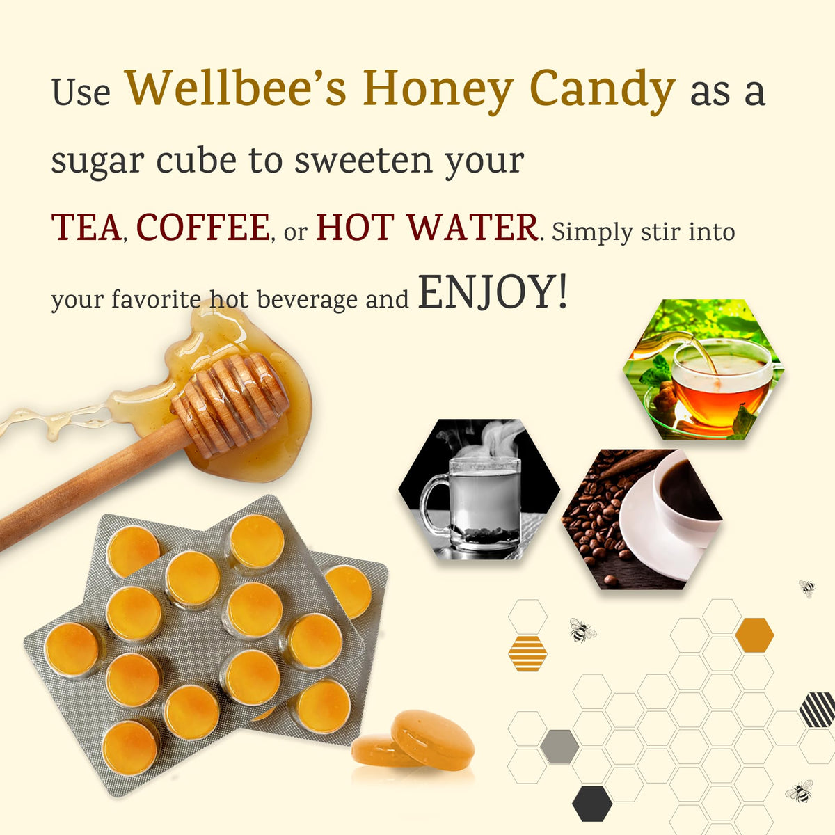 Wellbee's Pure Honey Candy showcases warm honey flavor in a chewy drop