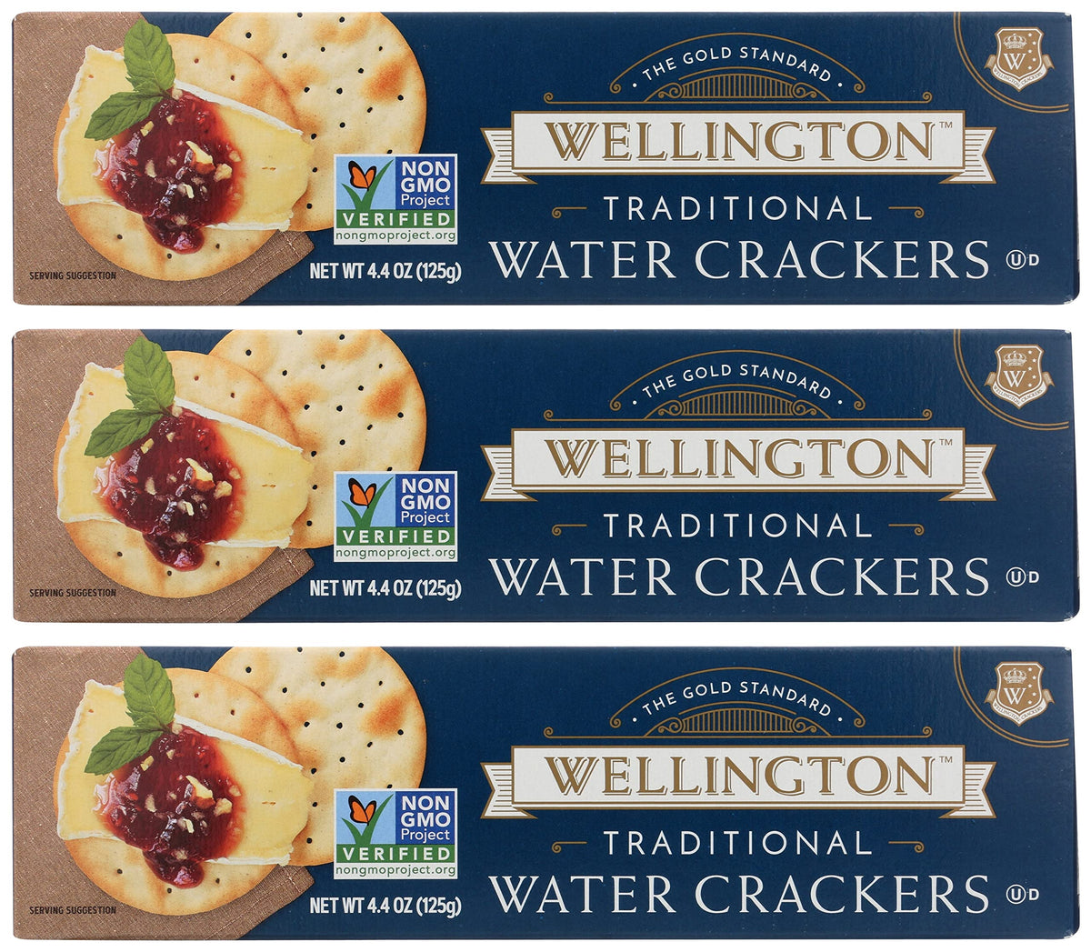 Wellington Traditional Cracker box-front showing three-pack convenience for entertaining