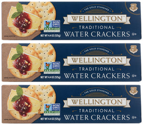 Wellington Traditional Cracker box-front showing three-pack convenience for entertaining
