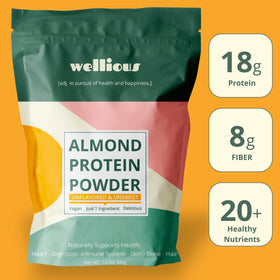Pouring Wellious Almond Protein Powder into a glass shows dairy-free protein for recovery