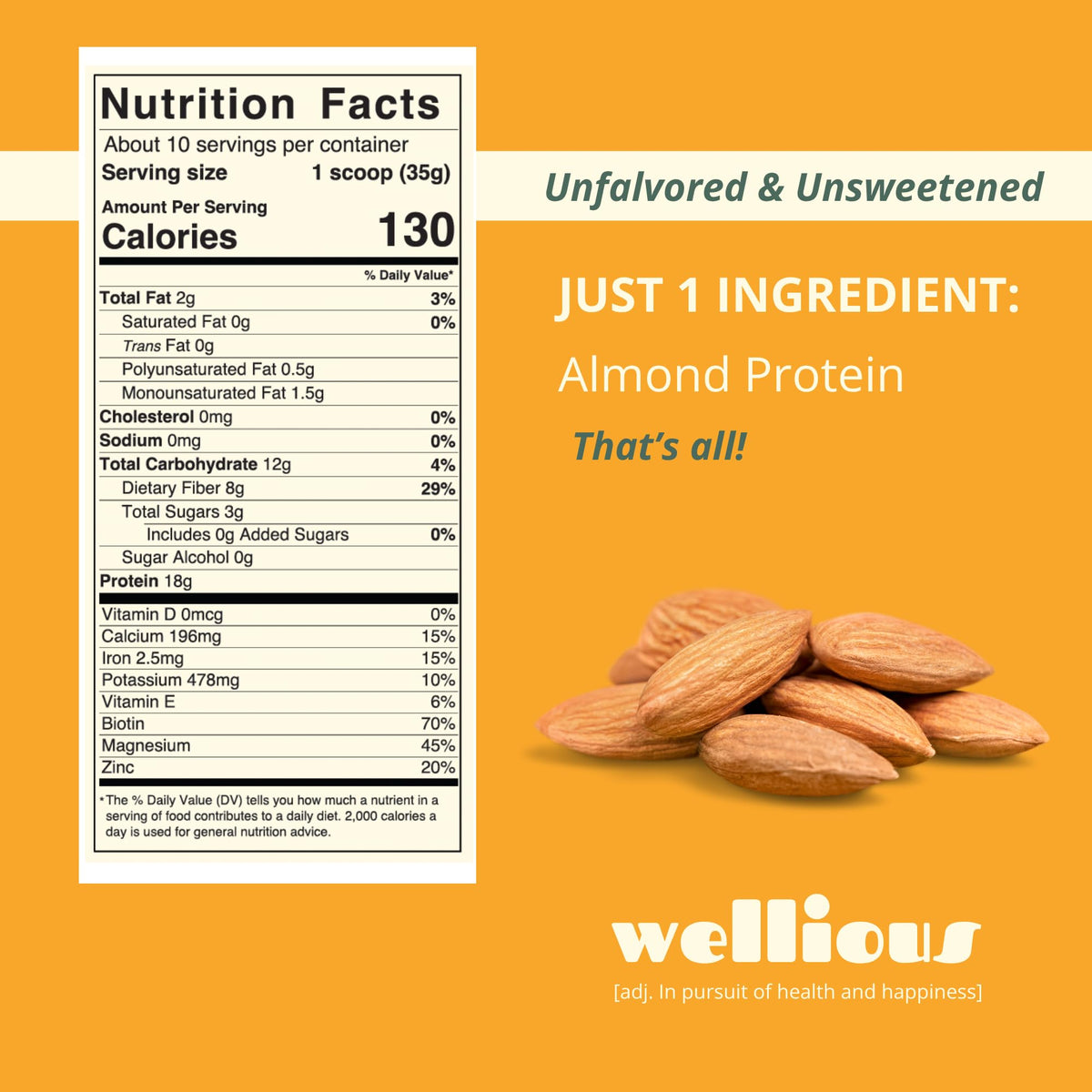 Wellious almond protein powder scoop close-up highlighting clean vegan nutrition