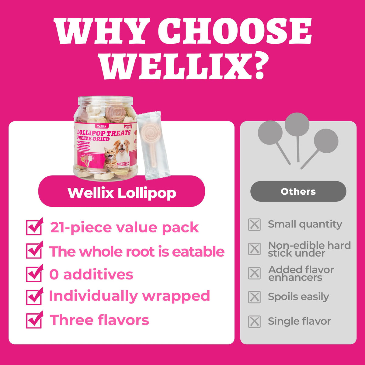 Wellix freeze-dried treats showing three flavors for feline and canine palates.