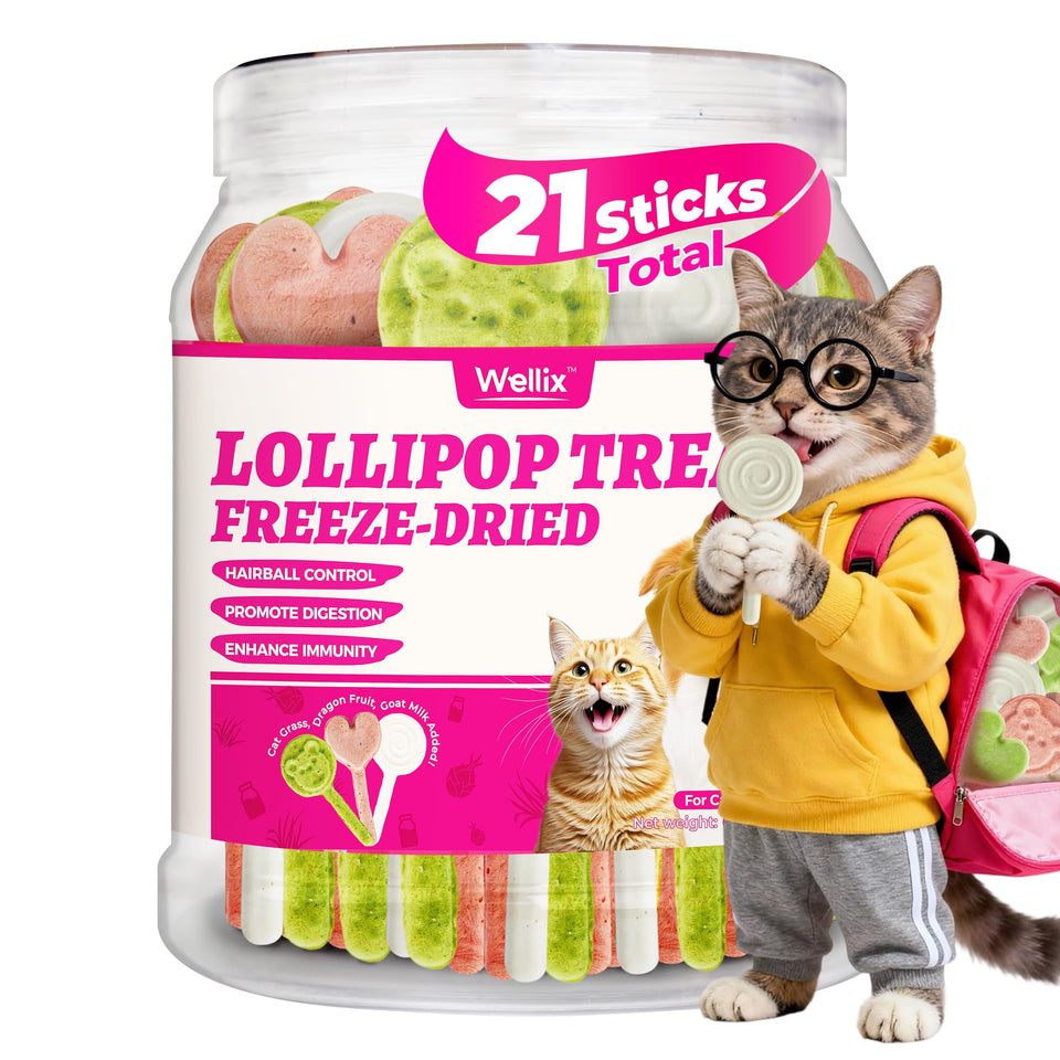 Wellix freeze-dried cat grass dragon fruit goat milk lollipop, tasty interactive reward for pets.