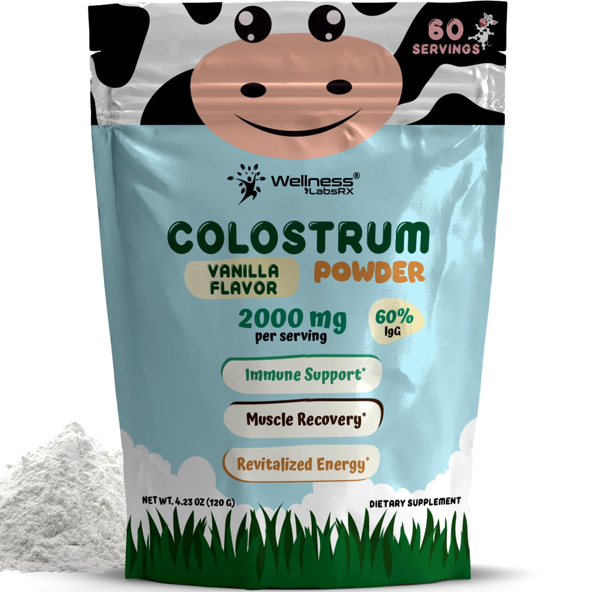 WELLNESS LABSRX Colostrum Vanilla Powder tub close-up for gut health support