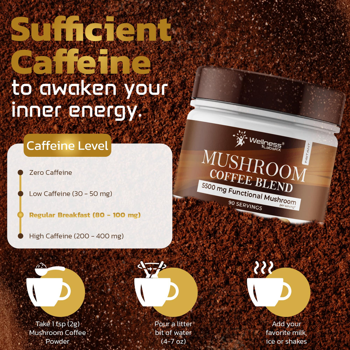 Organic Colombian beans and Wellness LabsRx mushroom coffee ingredients label.