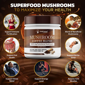 Close-up of Wellness LabsRx 10-mushroom blend highlighting focus-friendly ingredients.