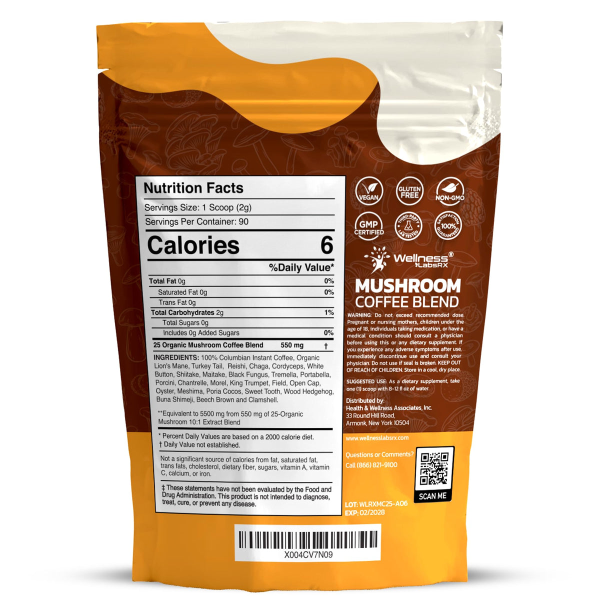 Wellness Labs RX Mushroom Coffee packaging back shows ingredients and features