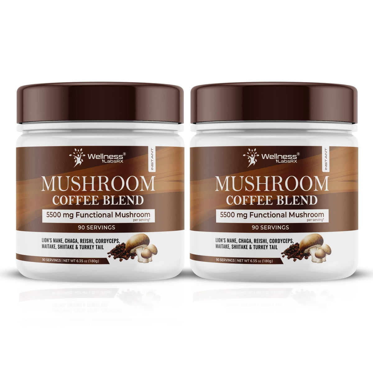 Wellness LabsRX mushroom coffee packaging for two 90-serving pouches.