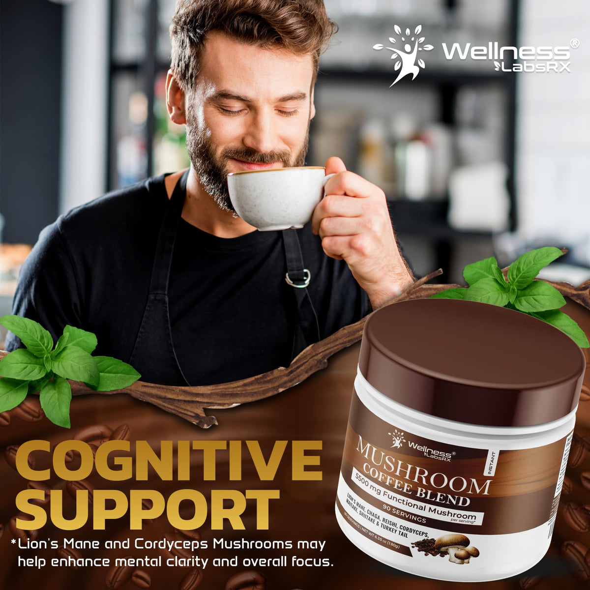 Wellness LabsRX Shiitake mushroom powder adds savory notes to coffee.