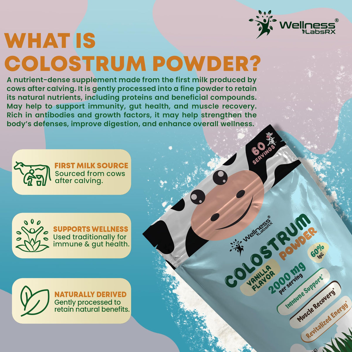 WELLNESS LABSRX Colostrum Powder with measuring scoop beside bottle