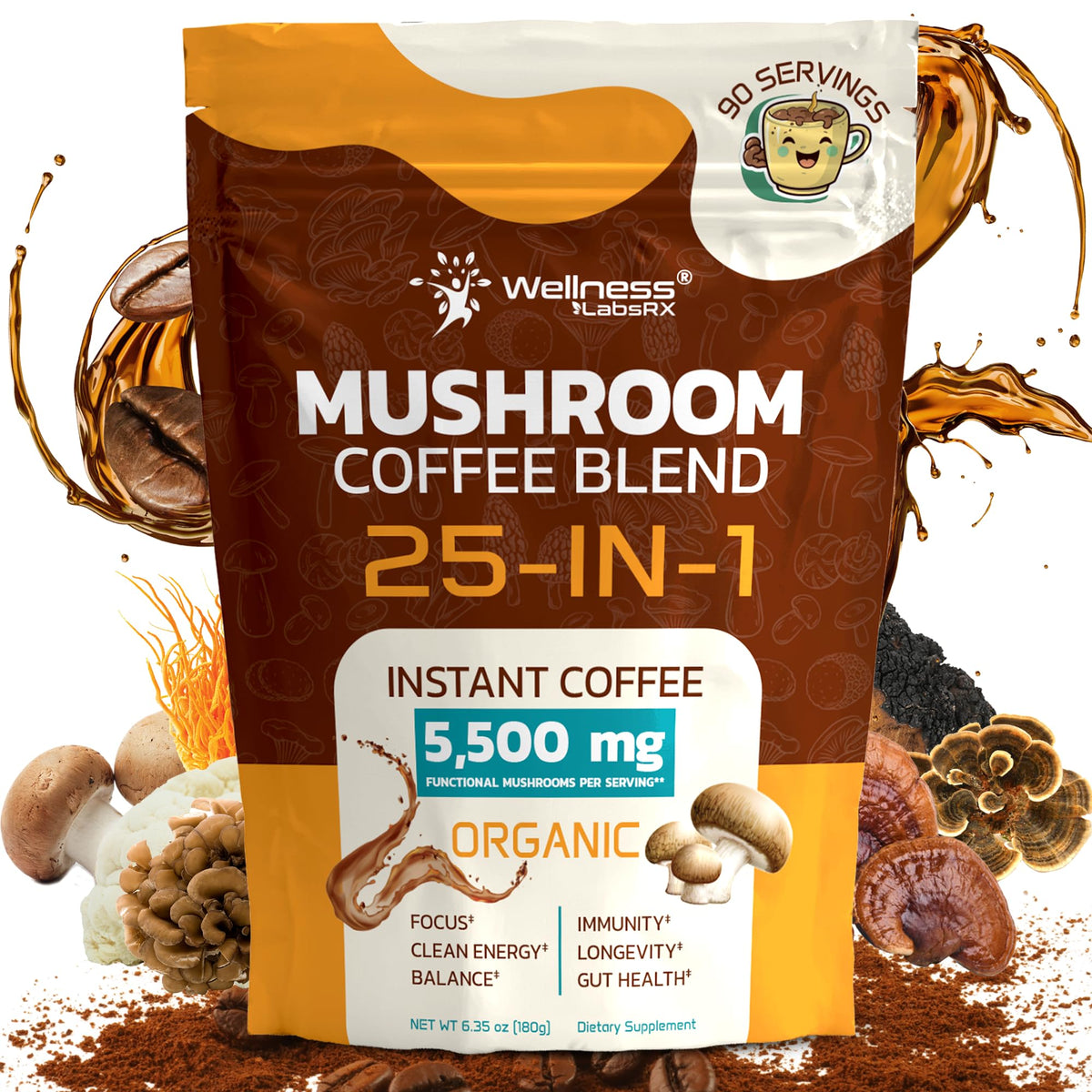 Wellness Labs RX Mushroom Coffee package highlights organic blend for clean energy