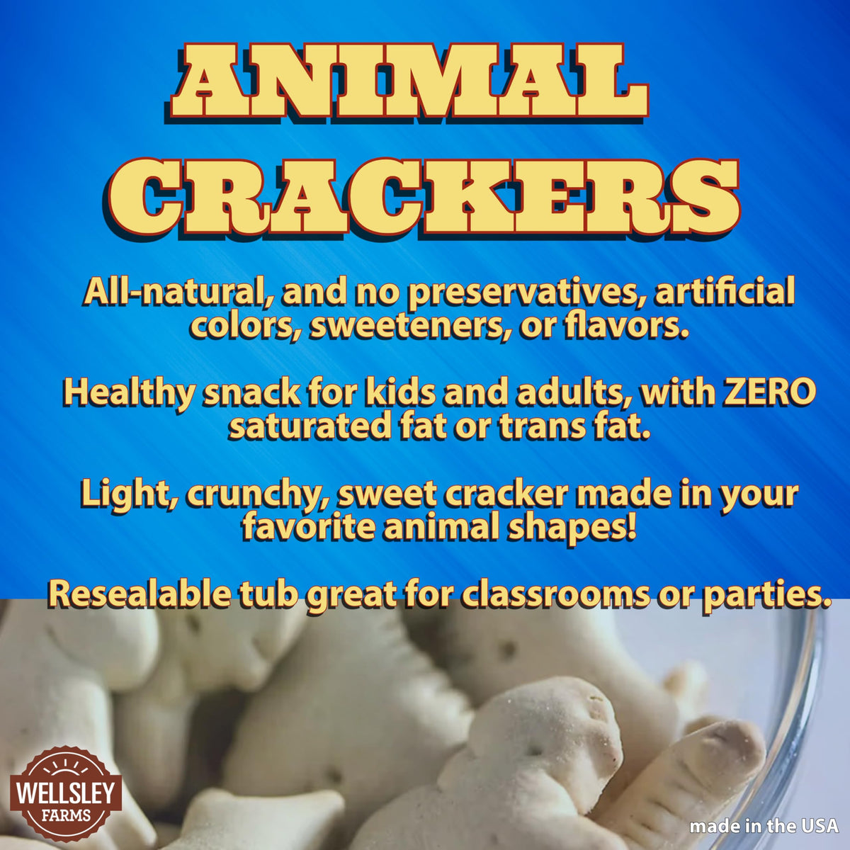 Wellsley Farms Animal Crackers packaging closeup highlights natural ingredients.