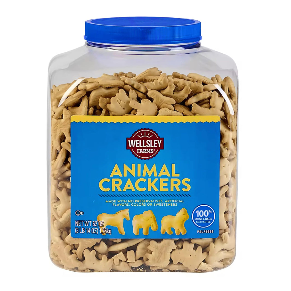 Wellsley Farms Animal Crackers tub front for easy on-the-go snacking.