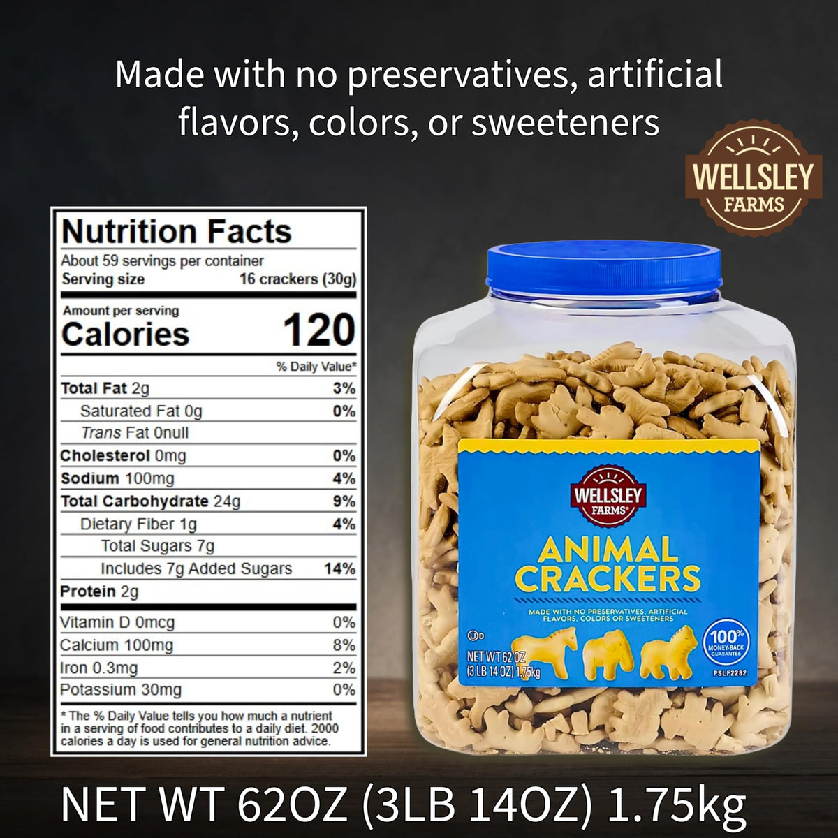 Wellsley Farms Animal Crackers resealable tub lid keeps freshness after opening.
