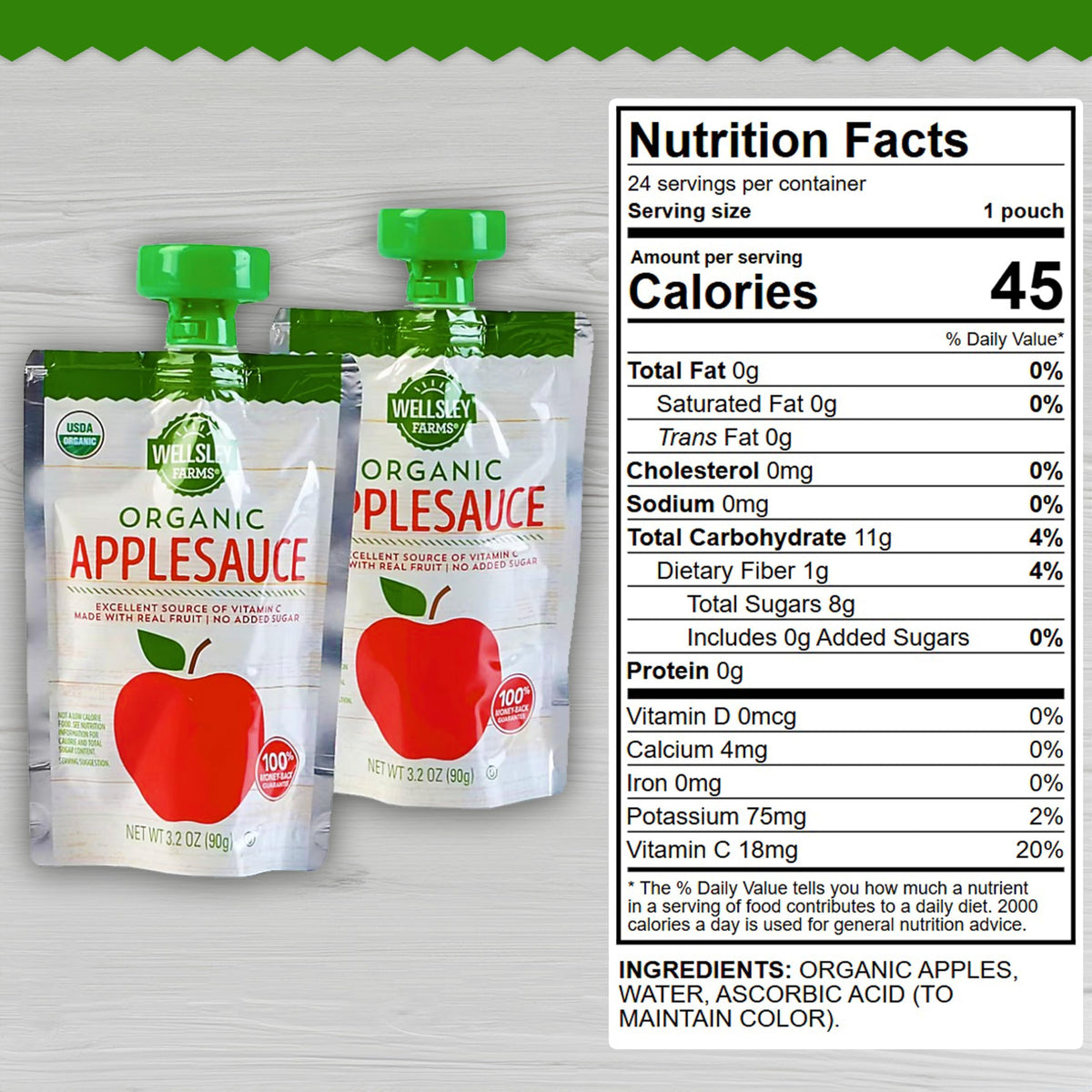 Close-up of a Wellsley Farms applesauce pouch showcasing bright puree.