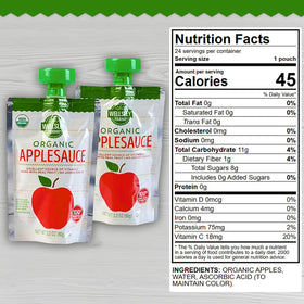 Close-up of a Wellsley Farms applesauce pouch showcasing bright puree.