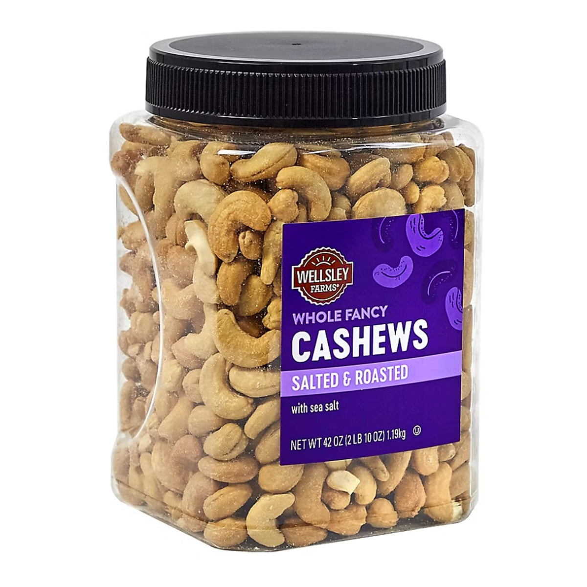 Kosher-certified Wellsley Farms cashews label on tub denotes quality.