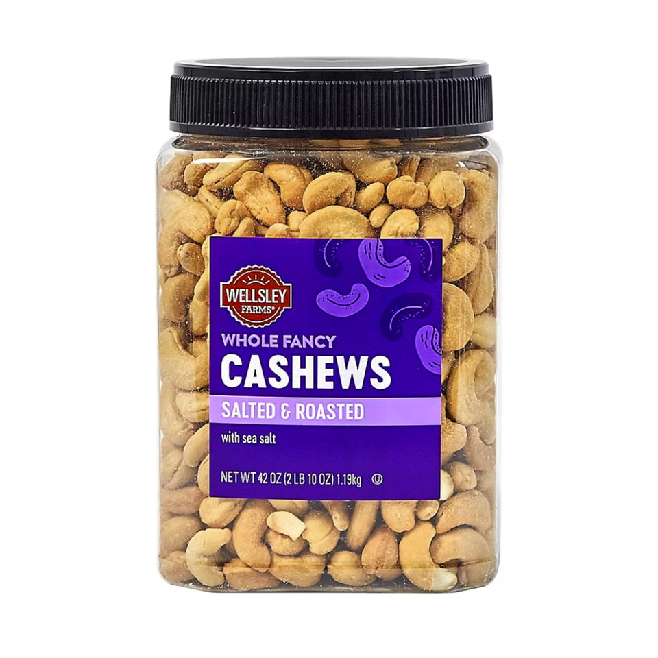 Wellsley Farms cashews in a 42 oz tub, perfect for sharing savory snacking.