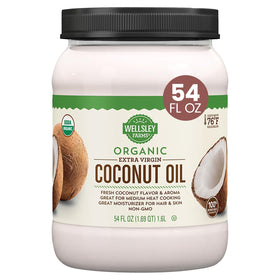 Wellsley Farms coconut oil bottle pour demonstrates versatile cooking use.