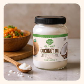 Wellsley Farms organic coconut oil label confirms unrefined quality.