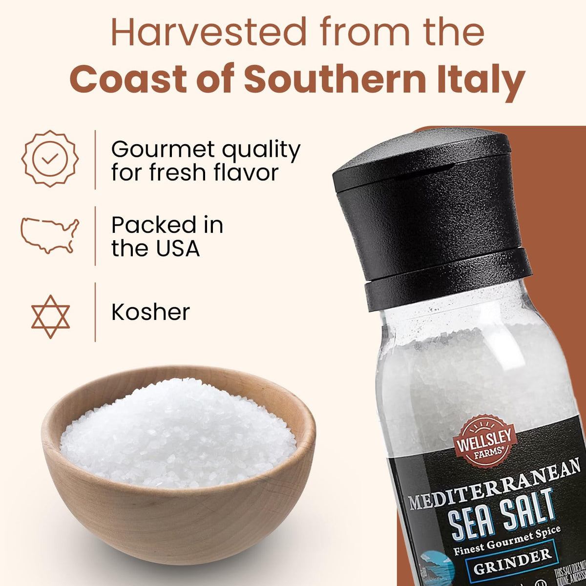 Wellsley Farms Mediterranean Sea Salt Grinder pouring crystals onto grilled vegetables.