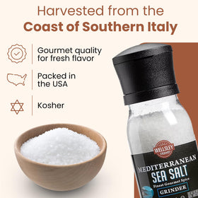 Wellsley Farms Mediterranean Sea Salt Grinder pouring crystals onto grilled vegetables.