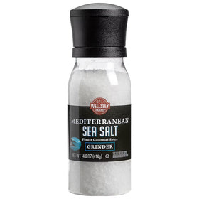 Wellsley Farms Mediterranean Sea Salt Grinder front view showing built-in grinder for fresh seasoning.