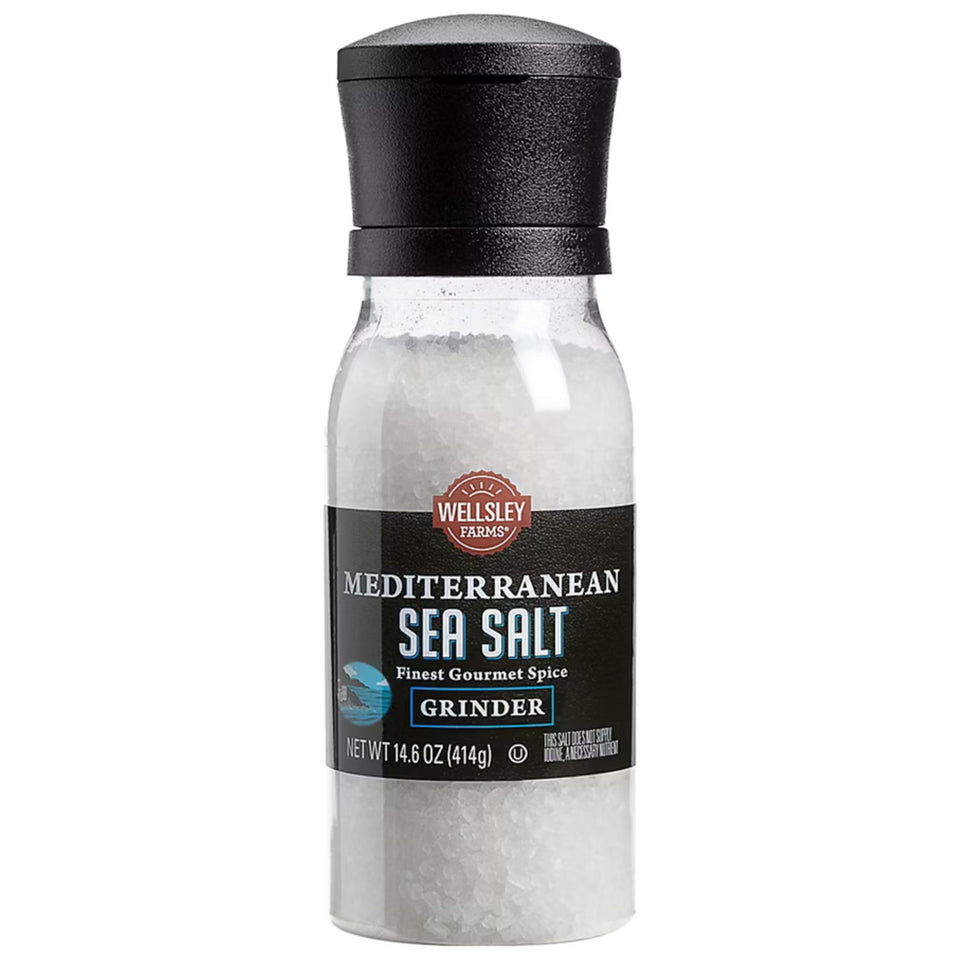 Wellsley Farms Mediterranean Sea Salt Grinder front view showing built-in grinder for fresh seasoning.