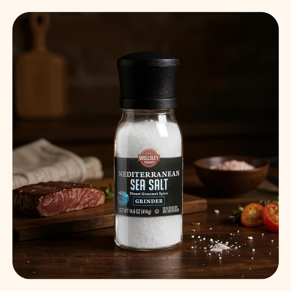 Wellsley Farms Mediterranean Sea Salt Grinder kitchen setup with 14.6 oz unit.