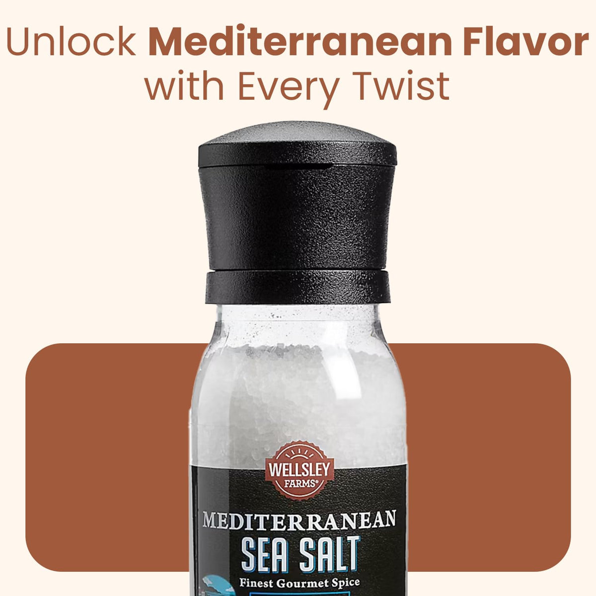Wellsley Farms Mediterranean Sea Salt Grinder packaging and label on shelf.