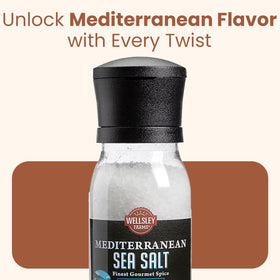 Wellsley Farms Mediterranean Sea Salt Grinder packaging and label on shelf.
