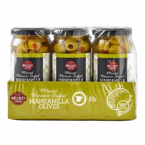 Wellsley Farms minced pimiento stuffed manzanilla olives jar, ready for tapas and cheese boards.