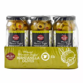 Wellsley Farms minced pimiento stuffed manzanilla olives jar, ready for tapas and cheese boards.
