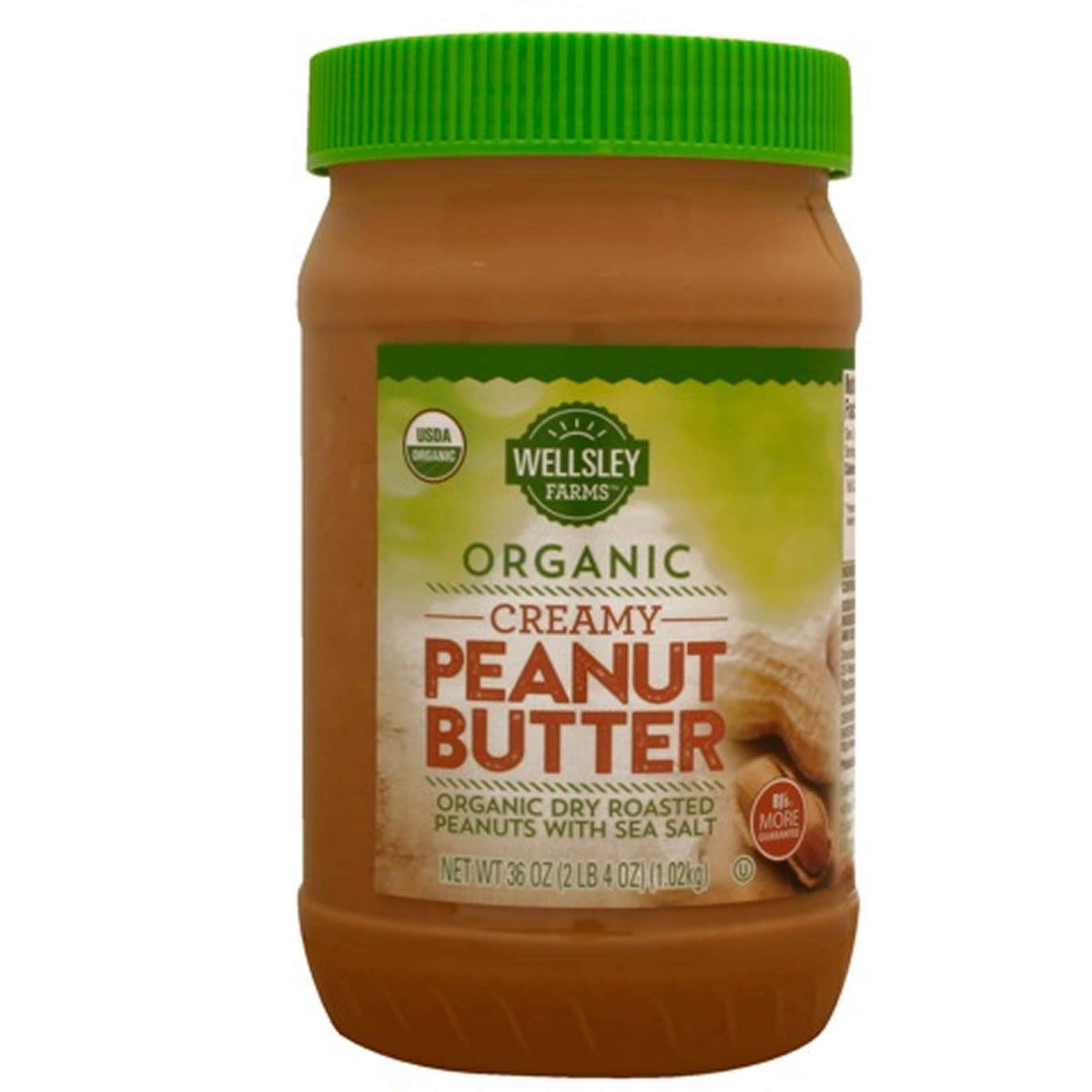 Wellsley Farms Organic Creamy Peanut Butter jar, smooth texture ideal for sandwiches and snacks.
