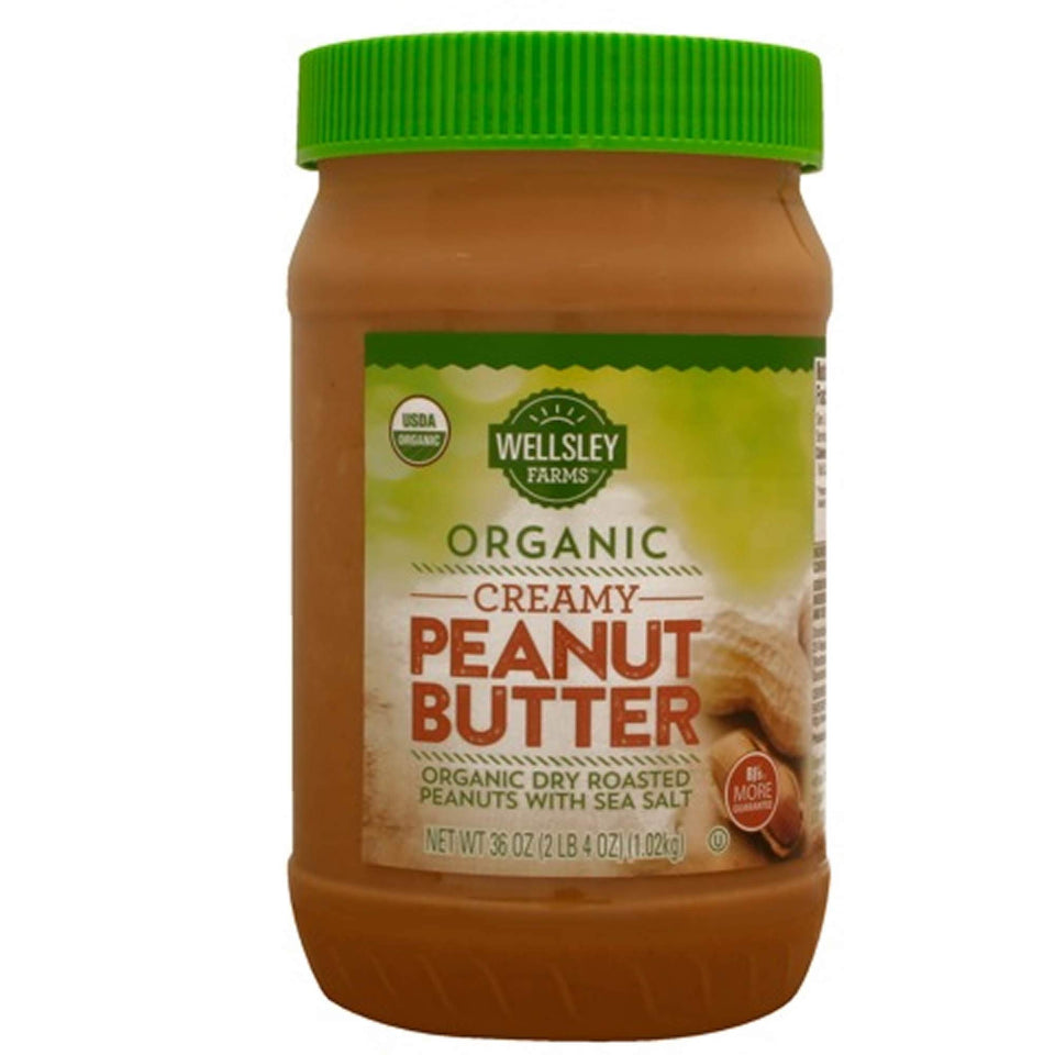 Wellsley Farms Organic Creamy Peanut Butter jar, smooth texture ideal for sandwiches and snacks.