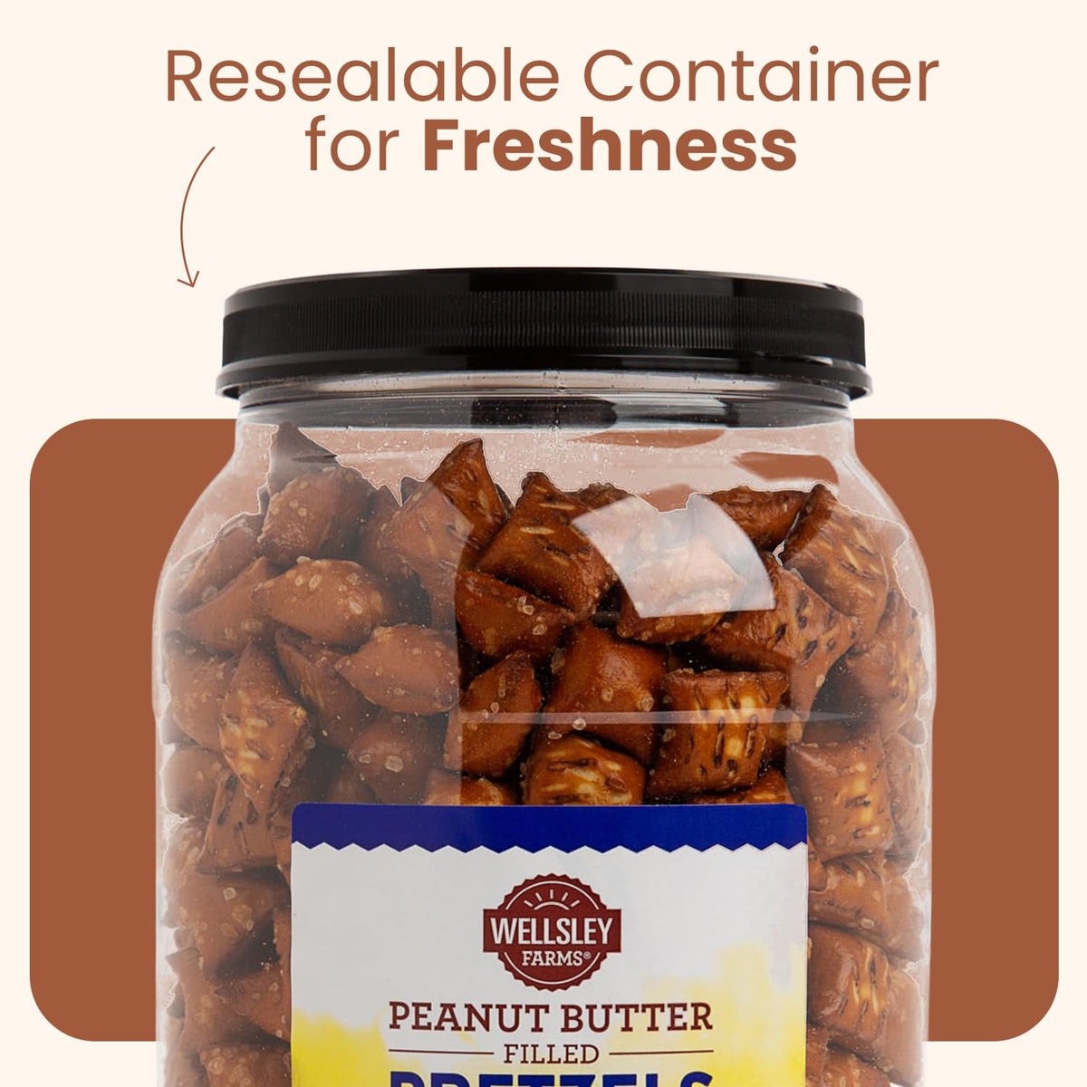 Wellsley Farms resealable jar keeps pretzels fresh and portable