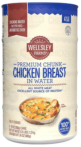 Wellsley Farms chicken breast in water, ready-to-eat lean protein for salads.