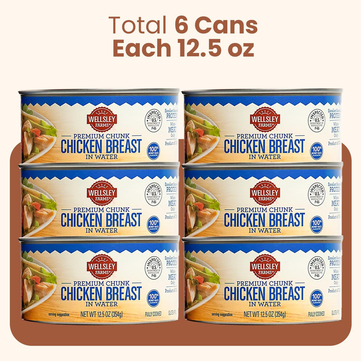 Wellsley Farms canned chicken on pantry shelf for meal planning and convenience.