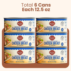 Wellsley Farms canned chicken on pantry shelf for meal planning and convenience.