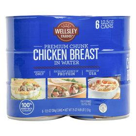 Wellsley Farms Premium Chunk Chicken Breast in Water closeup, ready-to-use protein for quick meals.