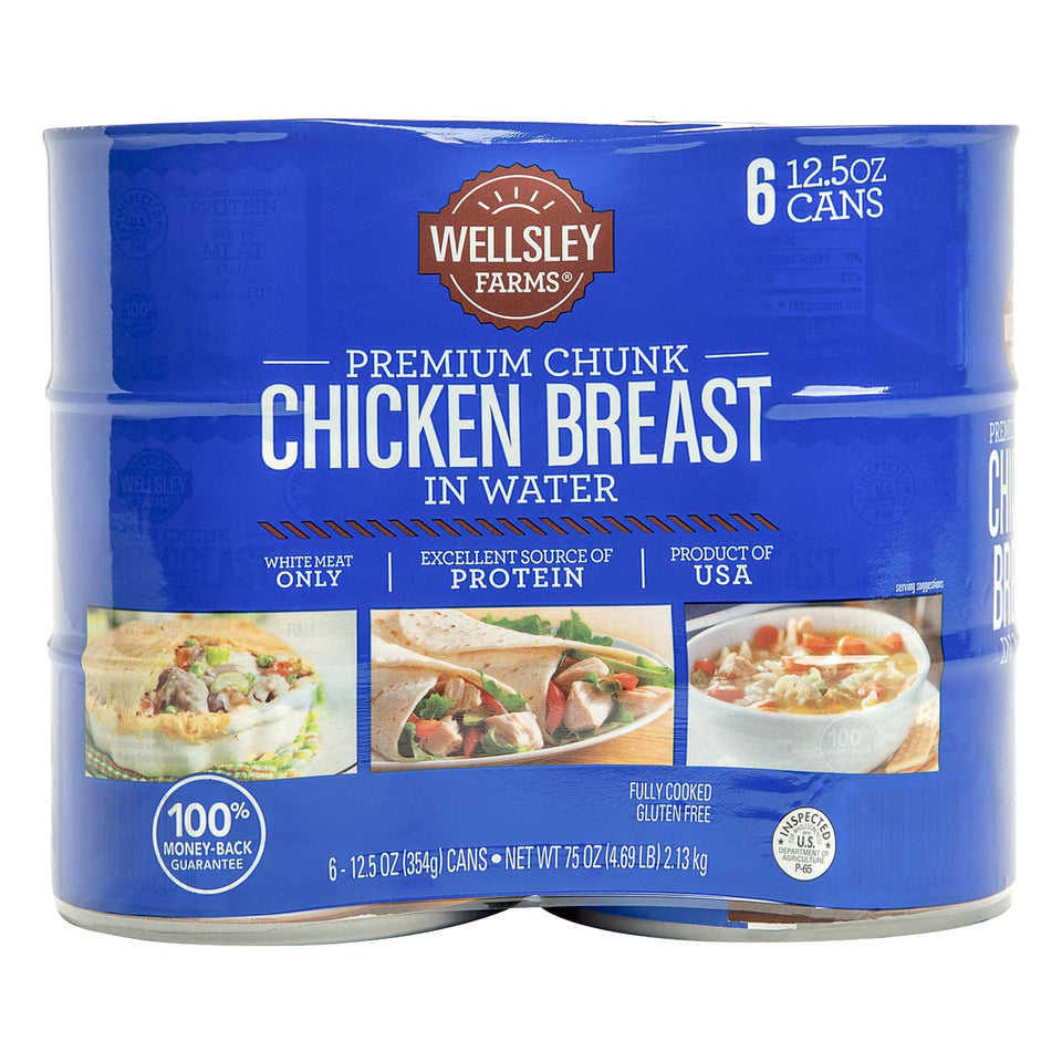 Wellsley Farms Premium Chunk Chicken Breast in Water closeup, ready-to-use protein for quick meals.