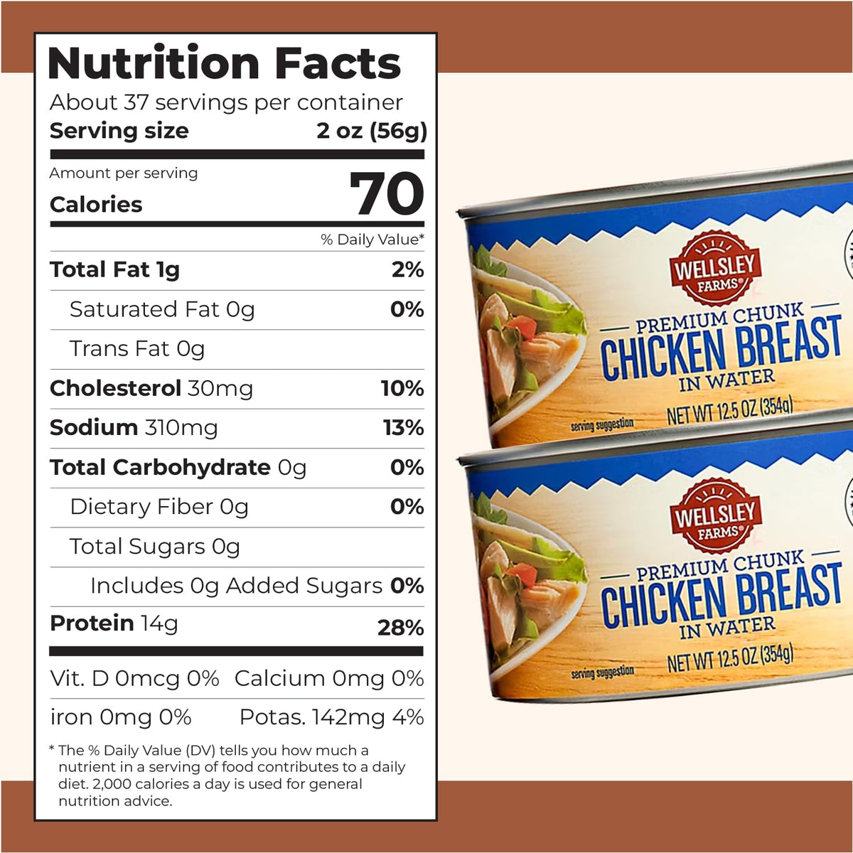 Wellsley Farms Premium Chunk Chicken Breast in Water label closeup highlights simple ingredients.