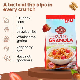 Wellsley Farms Swiss Granola ingredients: almonds and hazelnuts visible for a premium crunch.